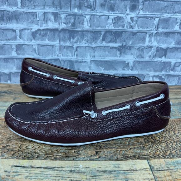 Ecco Cuno Brown White Leather Boat Driver Loafers Mens Size 46 M US 12-12.5 - Picture 1 of 12